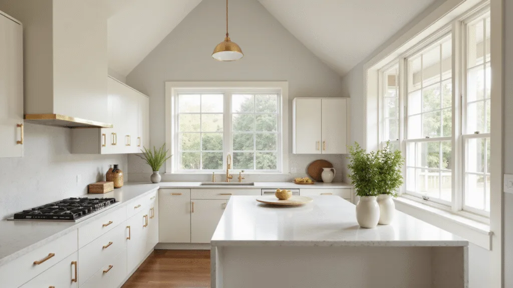 "Bright modern kitchen with neutral cabinets, marble countertops, brass hardware, and vaulted ceiling in morning sunlight"