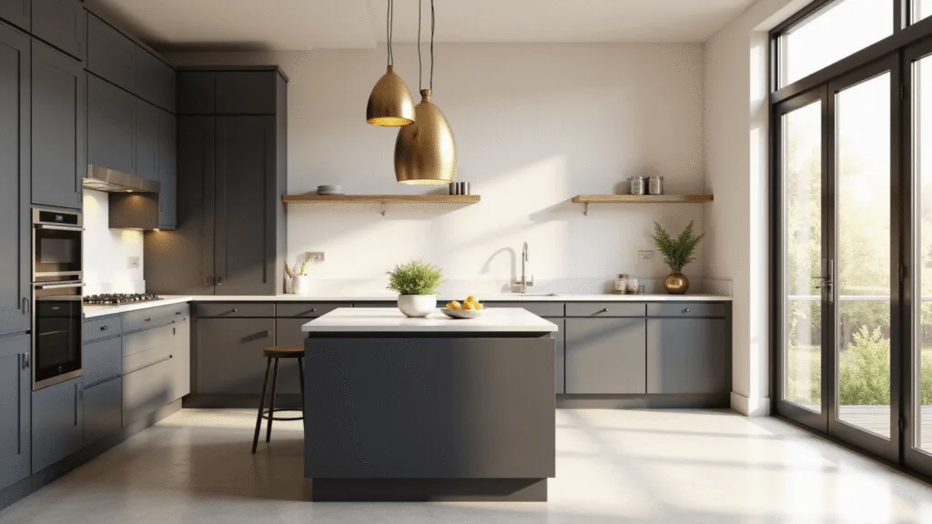 "Modern kitchen with charcoal cabinets, white quartz countertops, brass pendant lights, and warm sunlight illuminating through large windows"