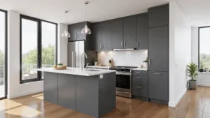 "Modern minimalist kitchen with matte charcoal aluminium cabinets, white quartz countertops, stainless steel appliances, and natural sunlight"