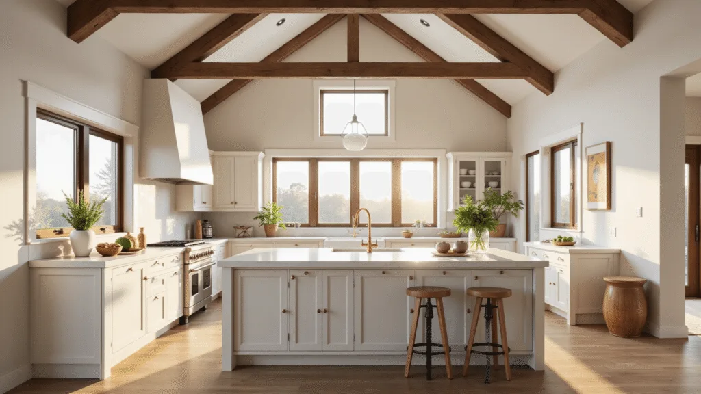 "Modern farmhouse kitchen with alabaster cabinets, wooden beams, brass fixtures, and warm natural lighting"
