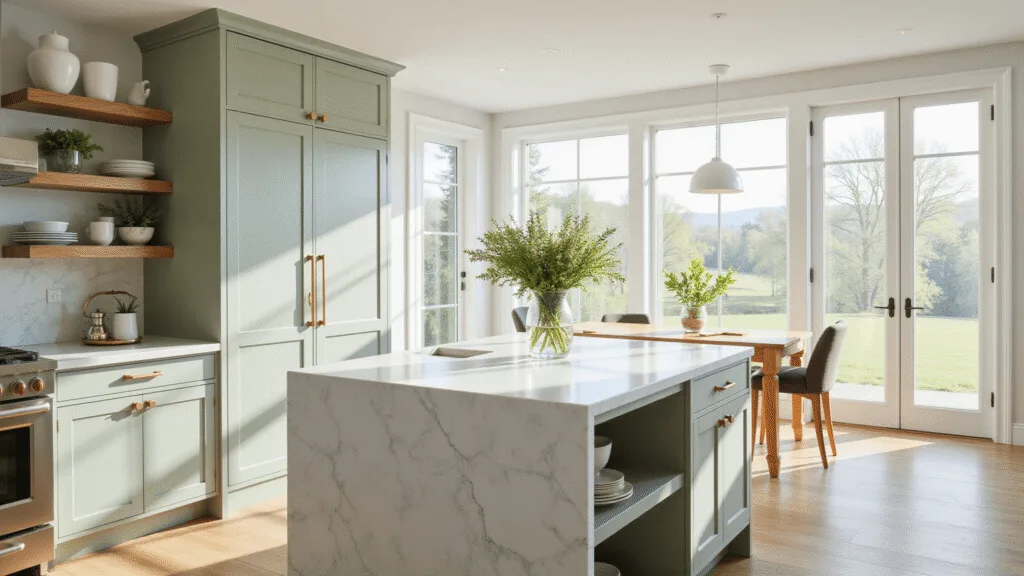 "Sunlit modern farmhouse kitchen with sage green cabinets, white marble waterfall island, and natural wood accents"