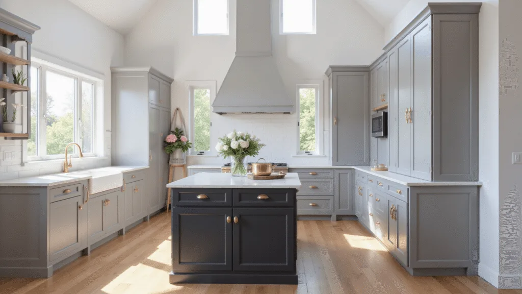 "Modern kitchen with gray shaker cabinets, white marble countertops, brass hardware, and natural morning sunlight"