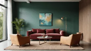 "Contemporary living room with forest green walls, burgundy velvet sofa, camel leather armchairs, brass lighting, and afternoon sunlight"