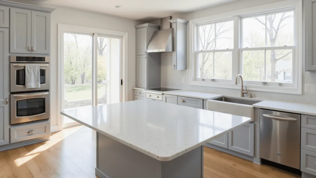 "Modern grey kitchen with white quartz countertop, stainless steel appliances and large windows allowing ample sunlight"