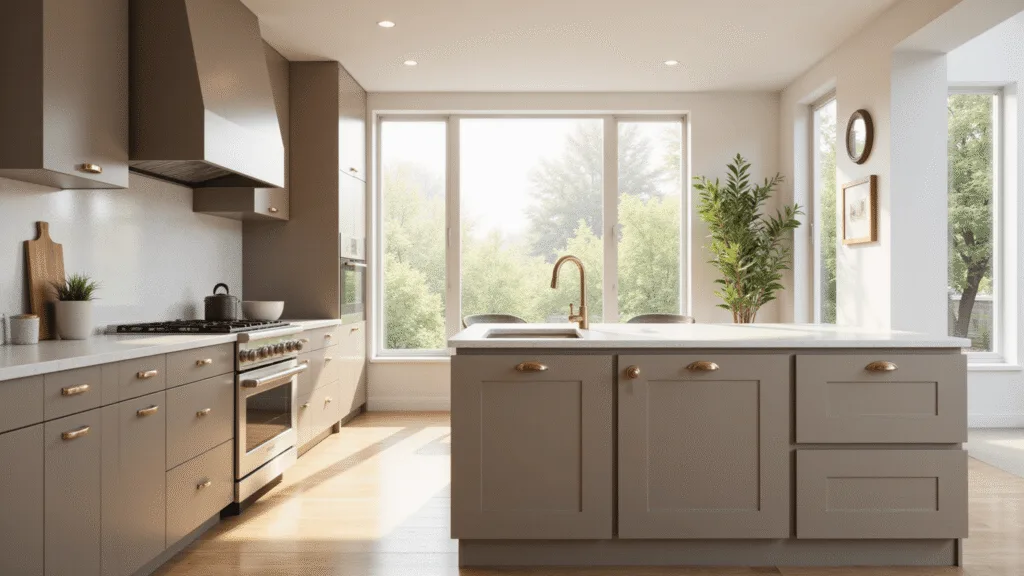 "Modern kitchen with light brown cabinets, white quartz countertops, and sunlight streaming through windows"