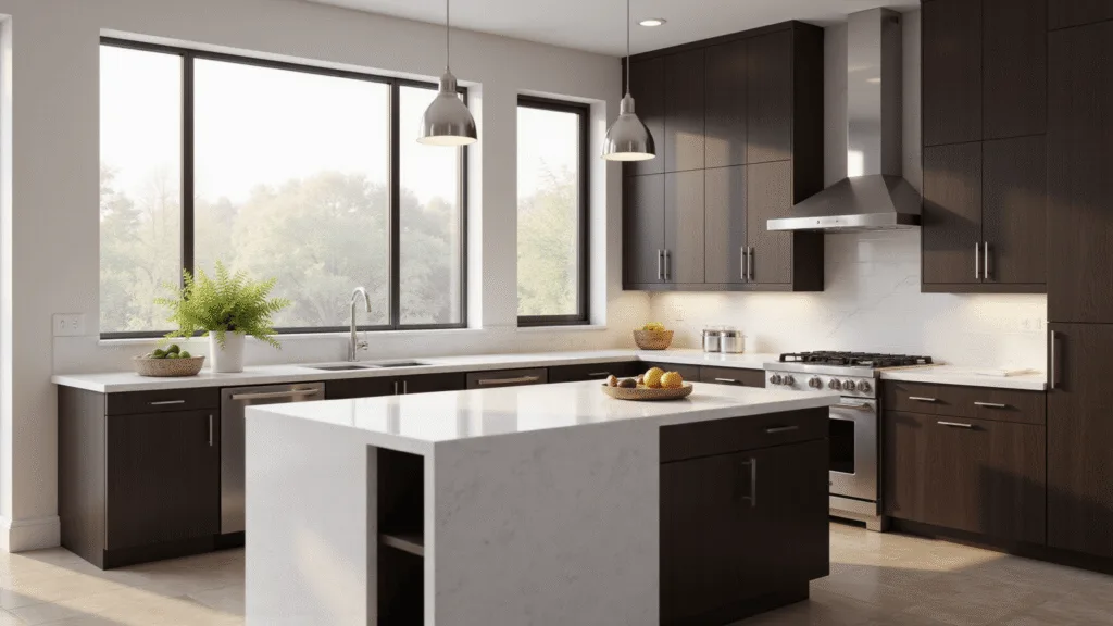 "Modern luxury kitchen with dark espresso cabinets, white quartz waterfall island, and morning sunlight streaming through windows"
