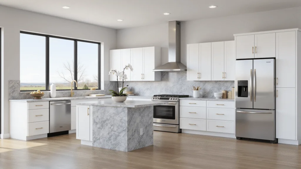 "Modern luxury kitchen with high gloss white cabinets, marble waterfall island, stainless steel appliances and natural light flooding through floor-to-ceiling windows"
