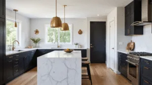 "Modern black and white kitchen with marble waterfall island, brass accents, and oak flooring under soft morning light"