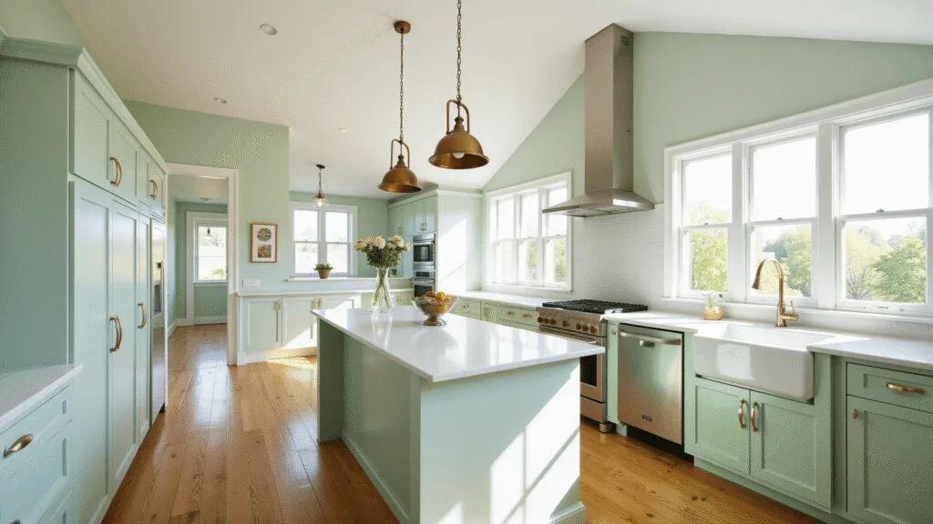 "Sunlit modern kitchen with mint green cabinets, white quartz island, brass pendant lights, wood floors, and stainless steel appliances."