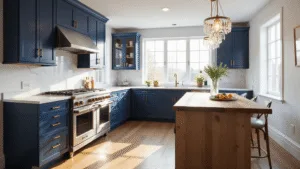 "Modern kitchen with navy blue cabinets, white marble countertops, crystal pendant lights, and brass hardware, highlighted by natural sunlight."