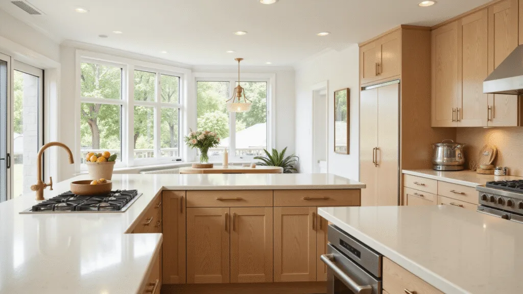 "Modern white oak kitchen with brass hardware and marble countertops, bathed in warm natural sunlight"