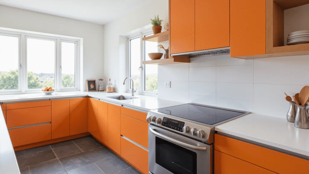 "Modern orange kitchen cabinets with white quartz countertops, stainless steel appliances, gray slate floors and copper accents, with morning sunlight streaming through the windows in a clean minimalist style."