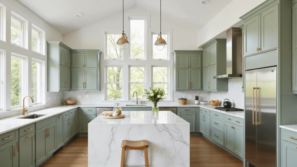 "Modern, sage green kitchen with white marble countertops, brass hardware, and a large central island under high vaulted ceilings"