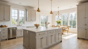 "Spacious, sunlit kitchen with taupe Shaker-style cabinets, brass hardware, and a cream quartz island"