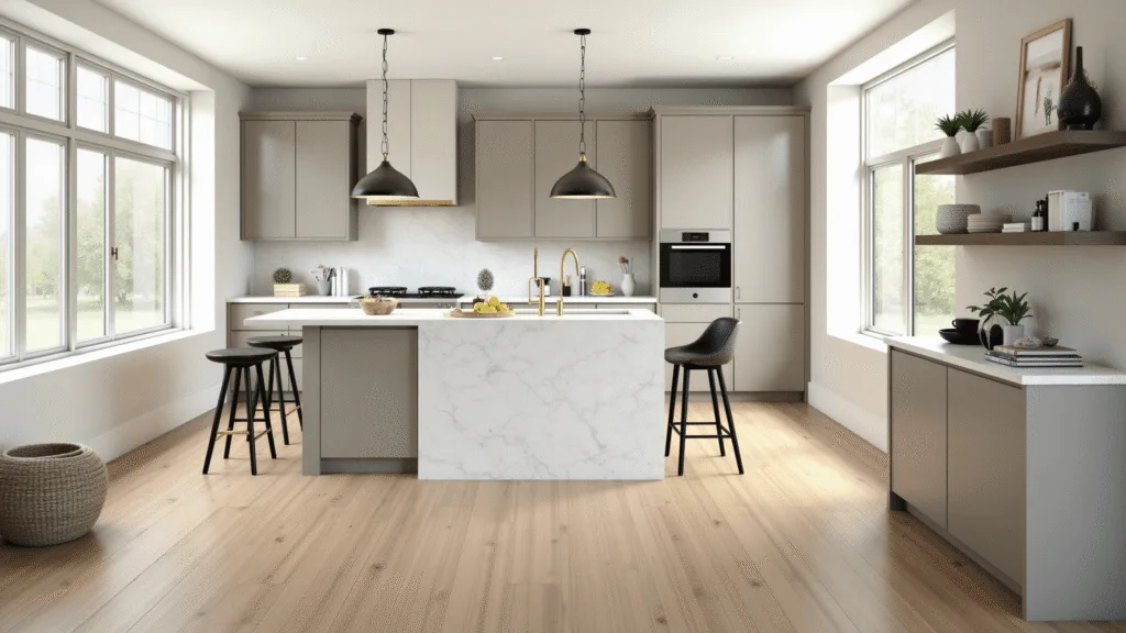 "Modern taupe kitchen with marble island and brass accents in soft morning light"