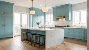 "Modern teal kitchen with marble countertops, brass hardware, and natural light streaming through large windows."
