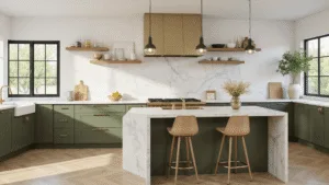 "Modern kitchen with olive green cabinets, marble countertops, and brass hardware in morning sunlight"