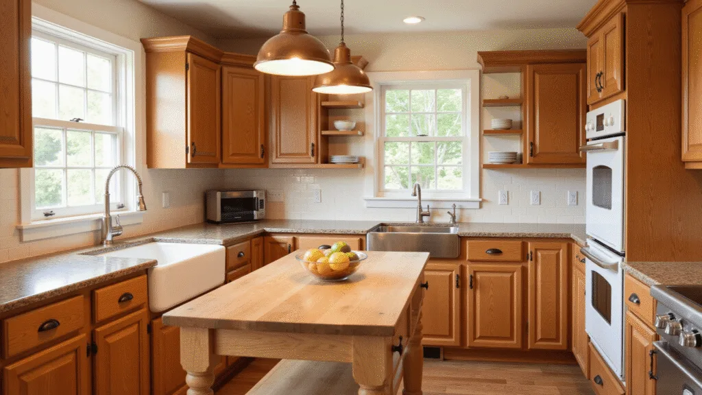 "Sunlit kitchen featuring red oak cabinets with natural grain texture, a butcher block island, and copper accents"