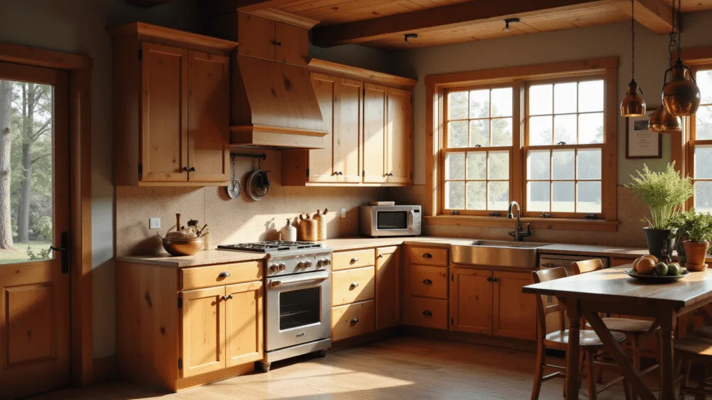 "Rustic farmhouse kitchen with hickory cabinets, butcher block island, and copper pots in warm morning sun, captured on Canon 5D Mark IV"