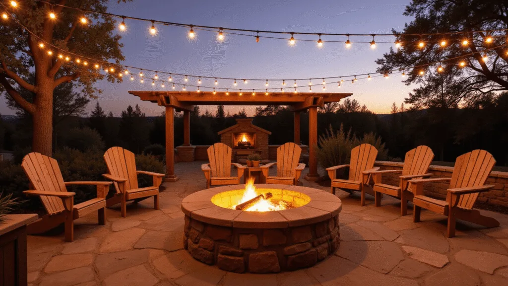 "Stone fire pit with glowing embers, surrounded by teak Adirondack chairs on a stone patio at sunset with hanging string lights."