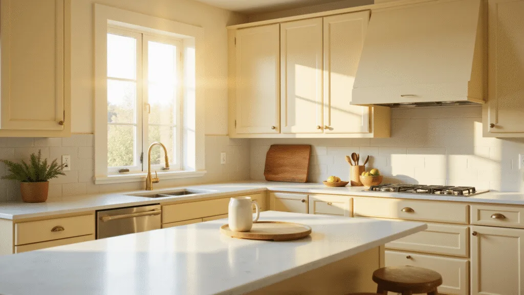 "Sunlit modern kitchen with buttercream yellow cabinets, white quartz countertops, wooden accents, and a single potted herb on the island"