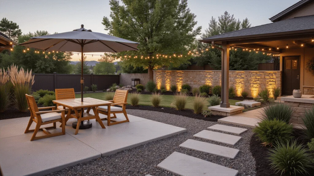 "Tranquil backyard oasis with modern patio, teak furniture, ornamental grasses, string lights, and stone retaining wall illuminated by LED lighting at golden hour."
