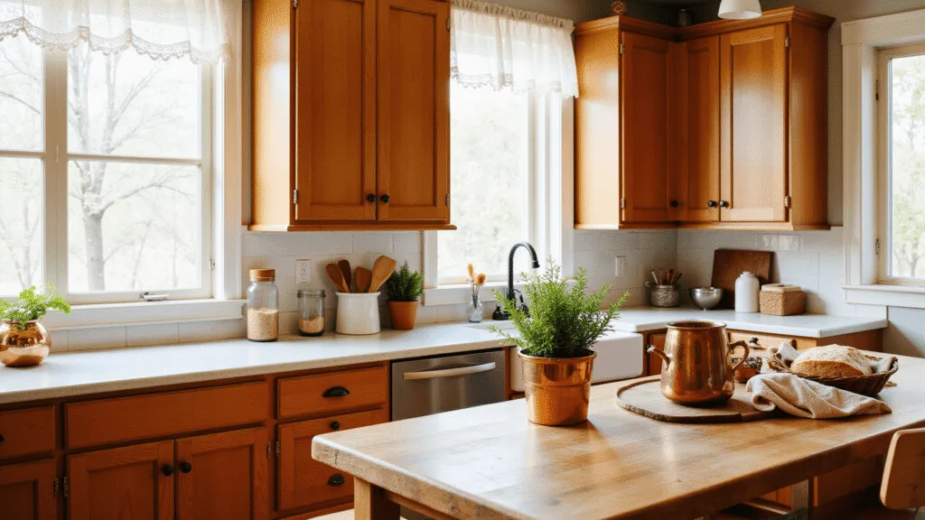 "Sunlit golden oak kitchen with copper accents and a butcher block island with baking ingredients"