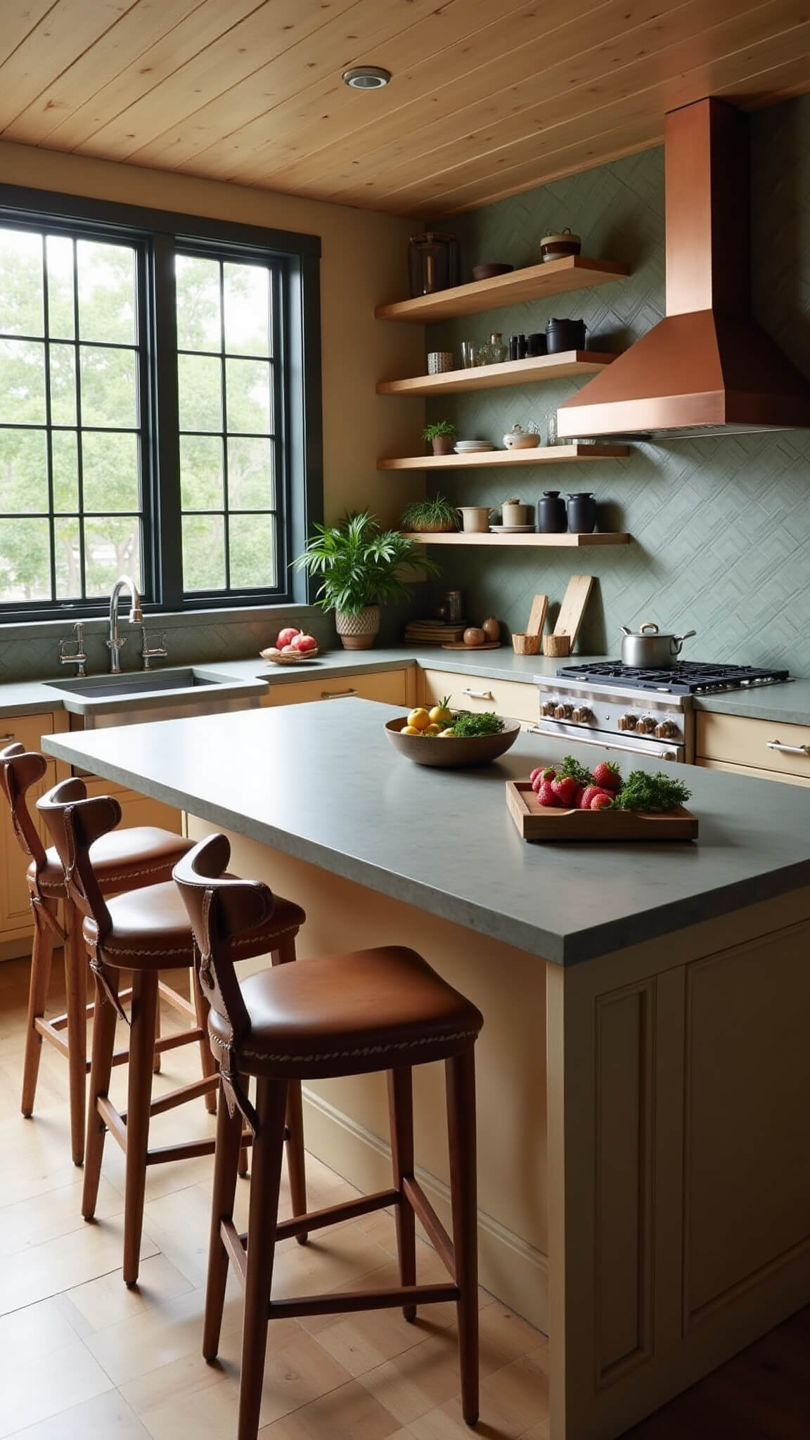 Rustic-modern kitchen with light maple cabinets, soapstone countertops, and a reclaimed wood island lit by morning sunlight through large windows.