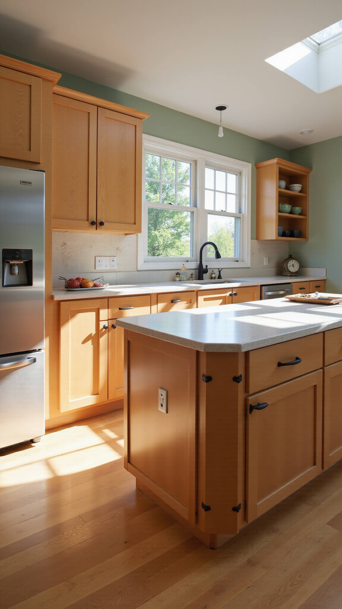 Warmly lit 12x15ft kitchen with maple cabinets, white quartz island, matte black accents, open shelving, and sage green accent wall.