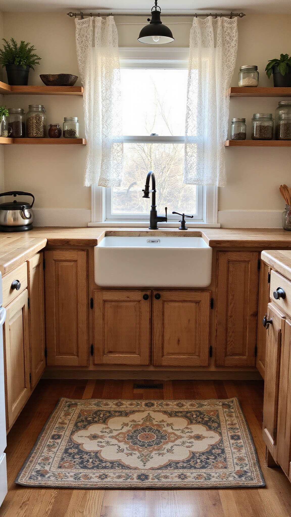 Farmhouse-style kitchen with rustic maple cabinets, butcher block counters, and soft golden hour light filtering through lace curtains.