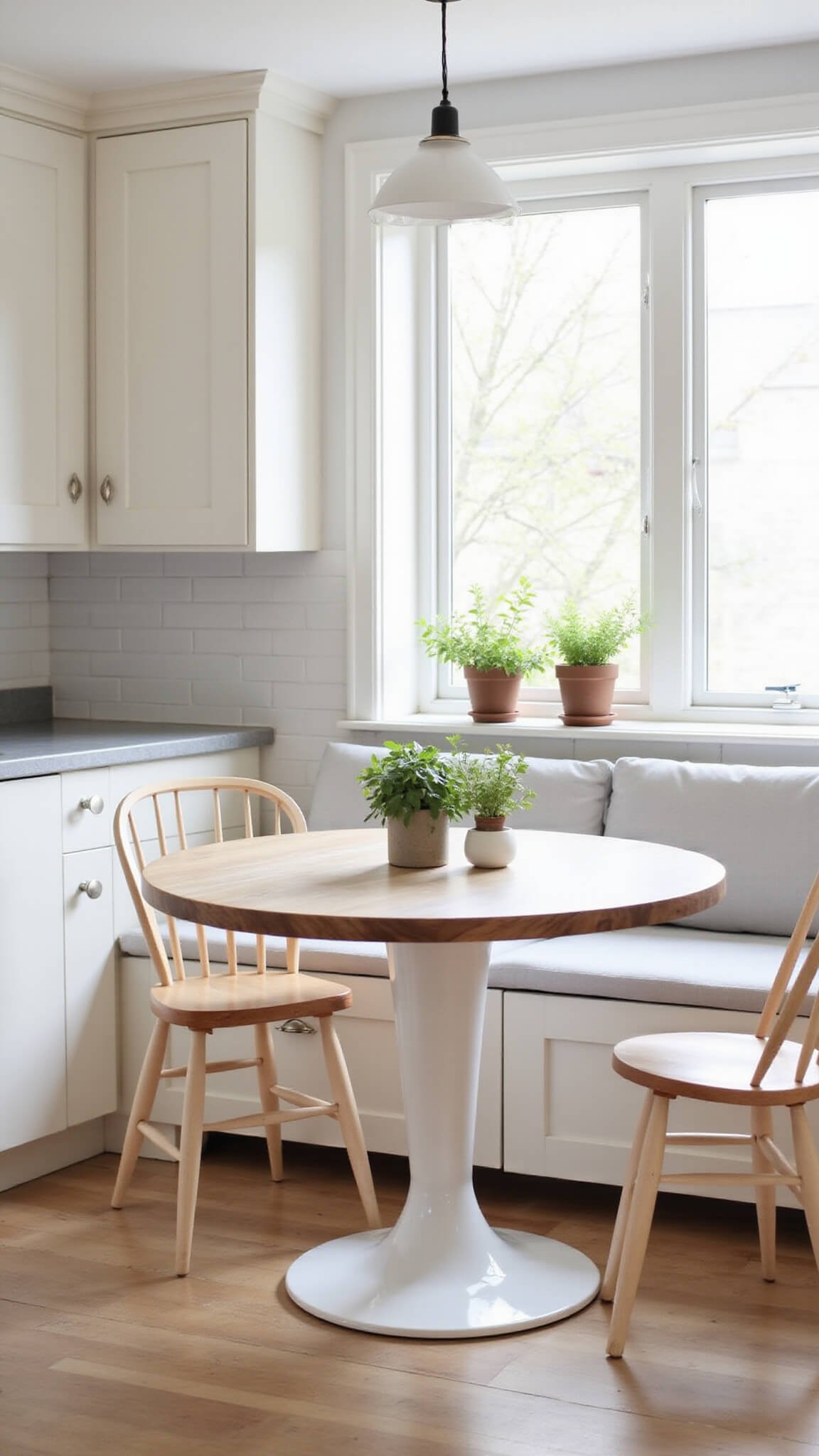 Scandinavian kitchen nook with pale maple cabinets, white round table, wishbone chairs, and potted herbs on windowsill in soft afternoon light.