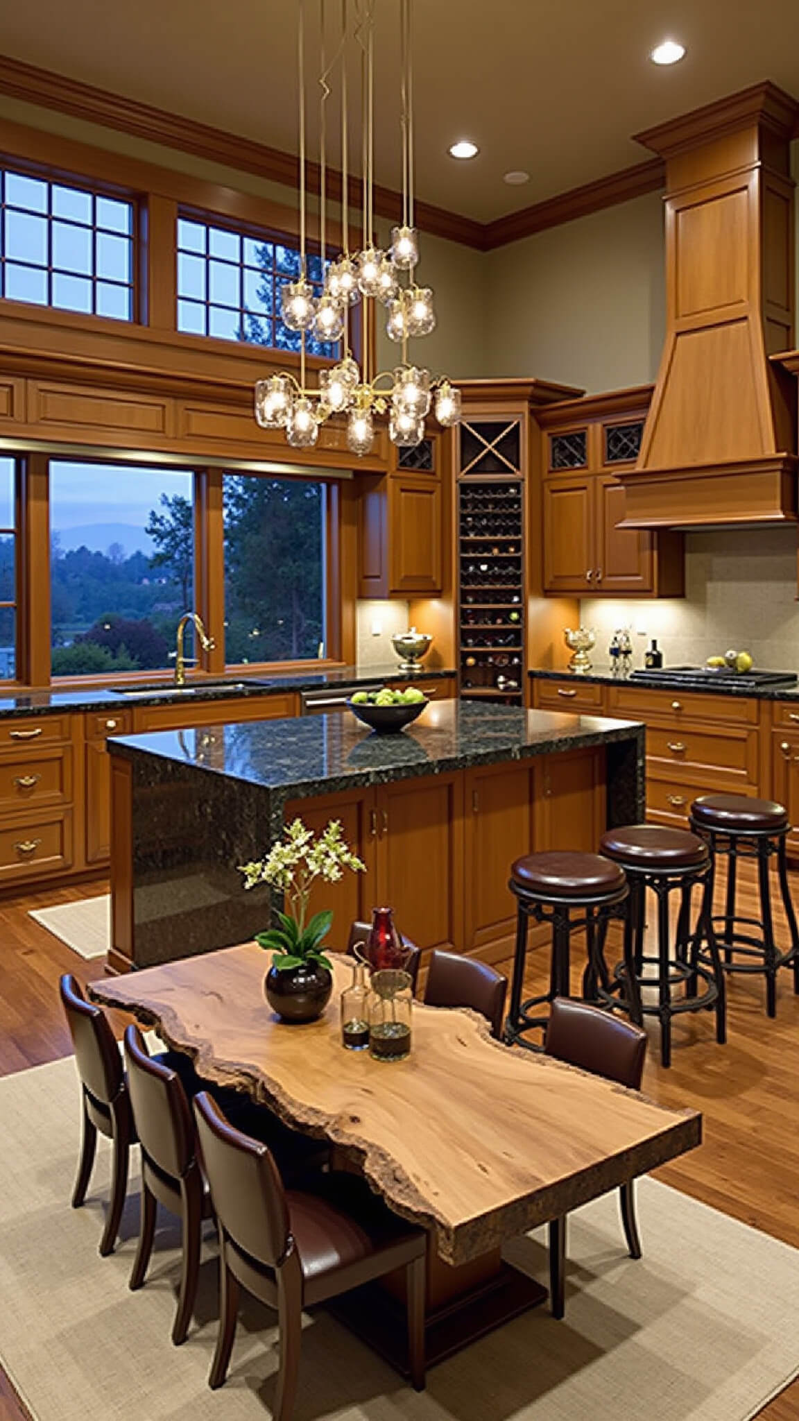 Open-concept kitchen and dining area at dusk with maple cabinets, large marble island, crystal pendant lights, floor-to-ceiling wine rack, and live-edge wood dining table with leather chairs.