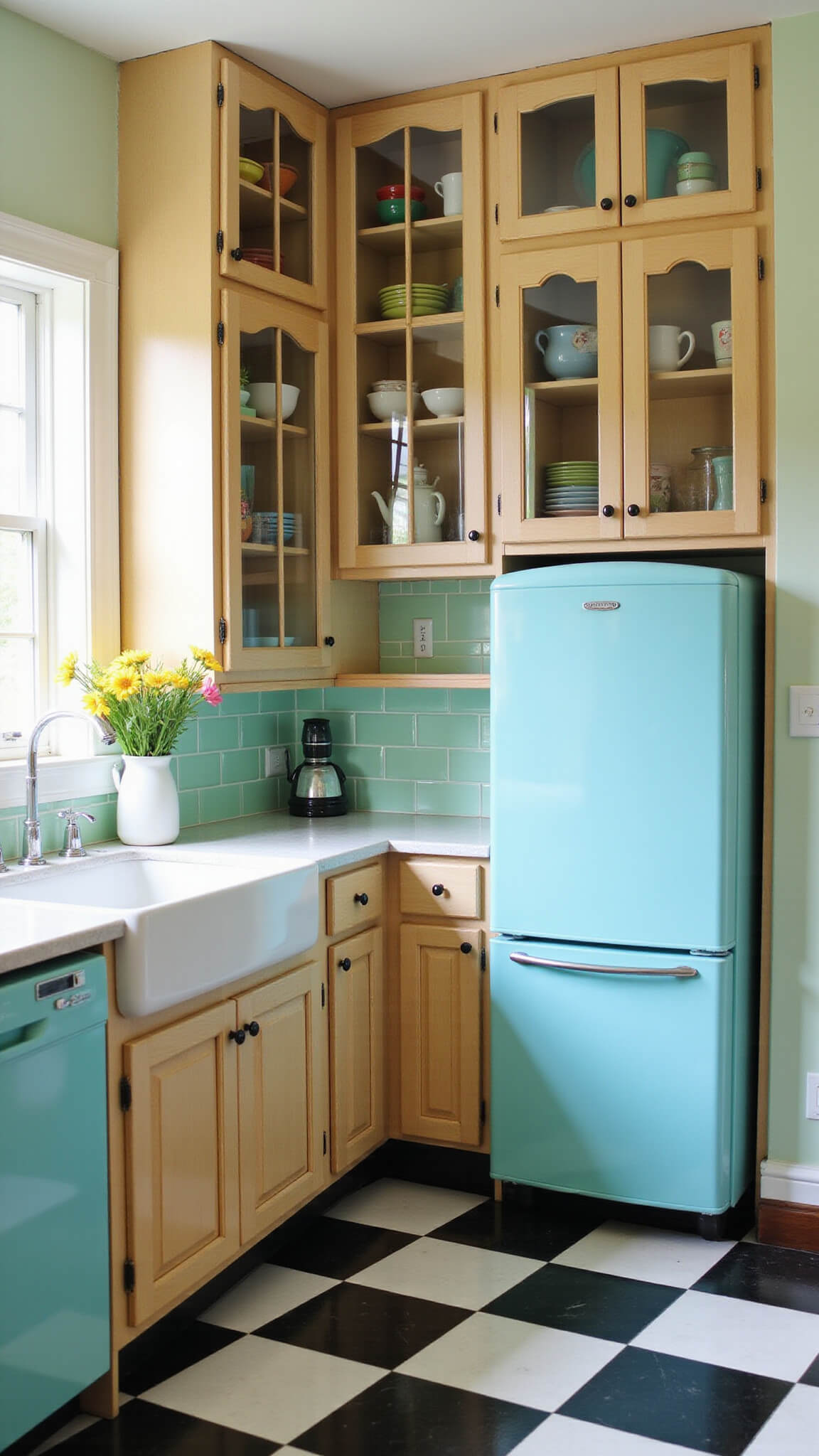 Vintage-inspired 12x14ft kitchen with whitewashed maple cabinets, mint green subway tile backsplash, retro pastel blue fridge, black and white checkerboard floors, and fresh flowers on the window sill.