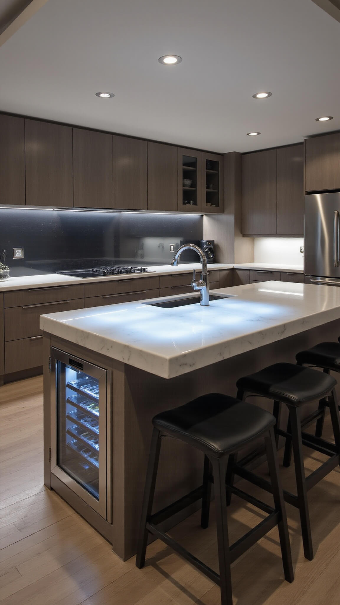 Ultra-modern 18x22ft kitchen at night with dramatic accent lighting, featuring gray-stained maple and glossy white cabinets, stainless steel appliances, glowing backlit onyx island, black leather bar stools, and an illuminated glass wine cellar.
