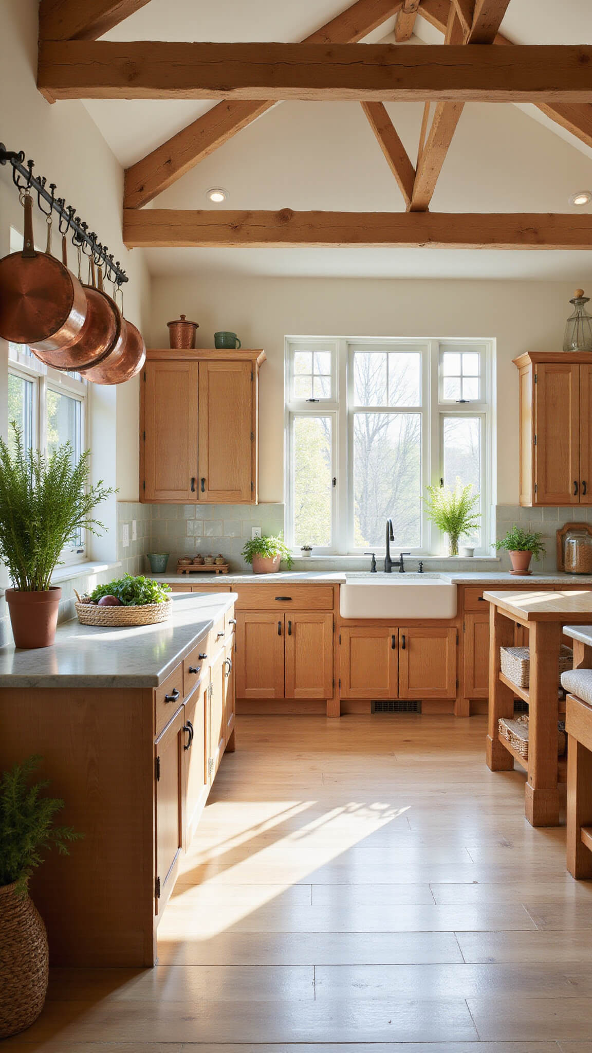 Rustic-modern kitchen with vaulted ceilings, oak cabinets, marble island, and morning sunlight filtering through large windows.