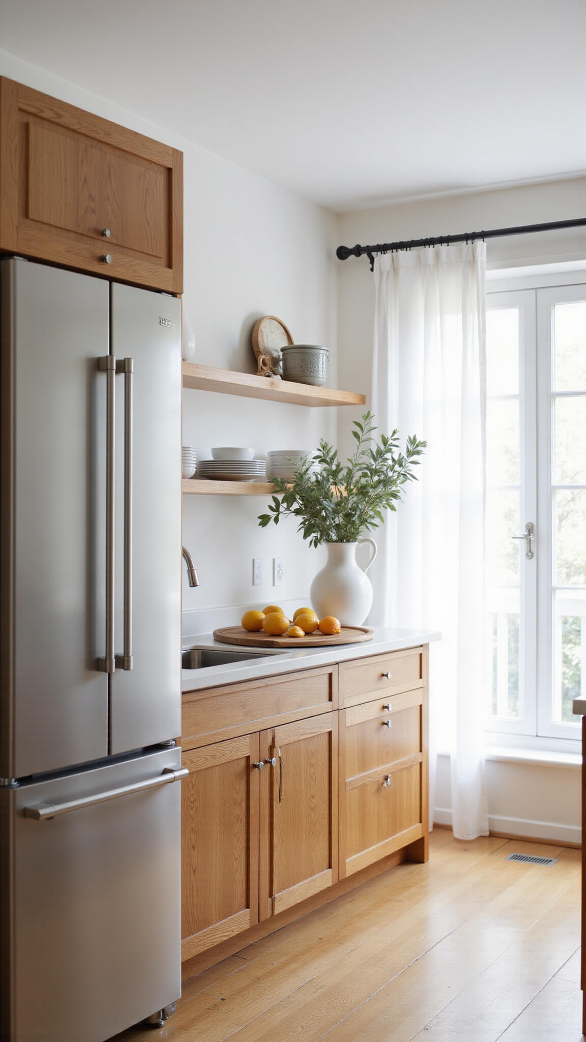 Cozy galley kitchen with natural oak cabinets, white walls, stainless steel fridge, open shelves, citrus on a cutting board, and eucalyptus in a vase in soft afternoon light.