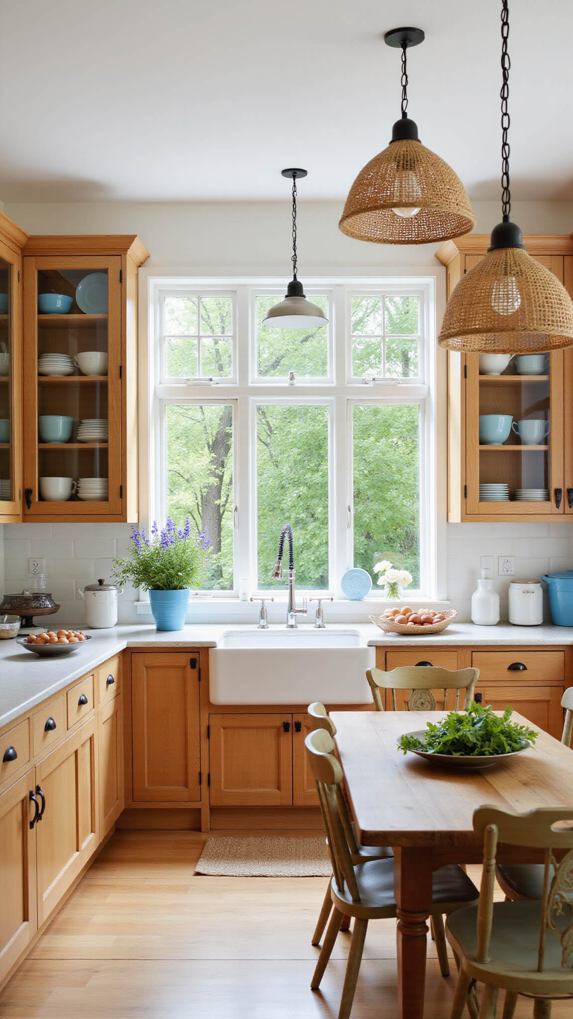 Open-concept kitchen-dining area with natural oak cabinets, farmhouse sink, reclaimed wood table, and vintage country-chic decor in soft blues and creamy whites.