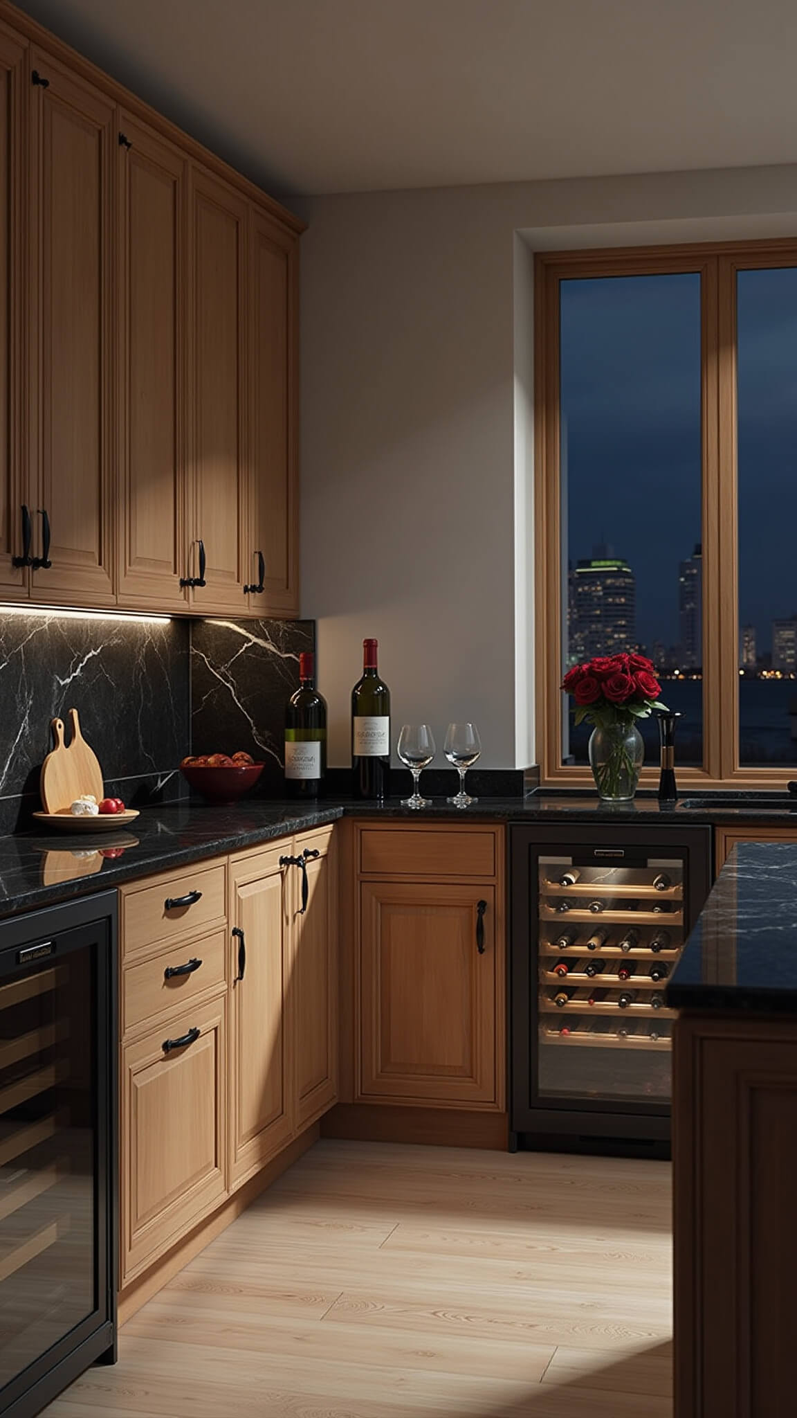 Luxurious 11x13ft kitchen with natural oak cabinetry, black marble countertops, matte black hardware, and moody dusk lighting; features include a built-in espresso machine, glass wine fridge, and styling with wine glasses, cheese board, and burgundy roses.