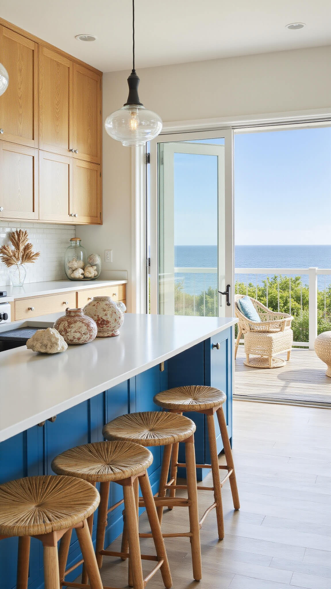 Coastal-style kitchen with natural oak cabinets, blue island with rattan stools, and sliding glass doors opening to a beachfront patio.