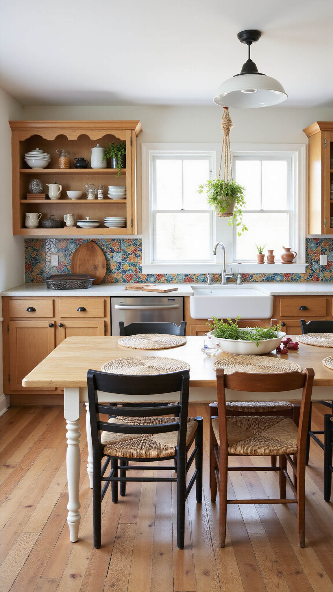 Eclectic bohemian kitchen with natural oak cabinets, Moroccan tile backsplash, rustic table, vintage chairs, and hanging plants in midday light.