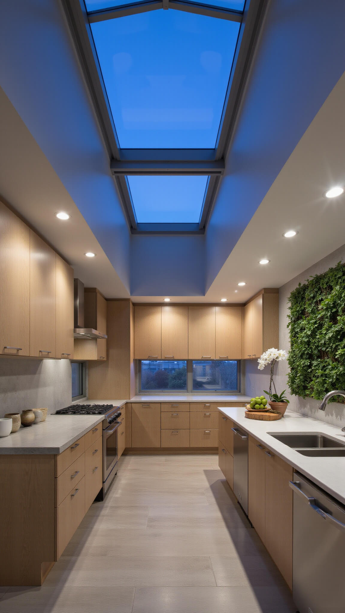 Modern 10x11ft kitchen with natural oak cabinets, concrete countertops, stainless steel appliances, vertical herb garden, and ambient twilight lighting through skylights.