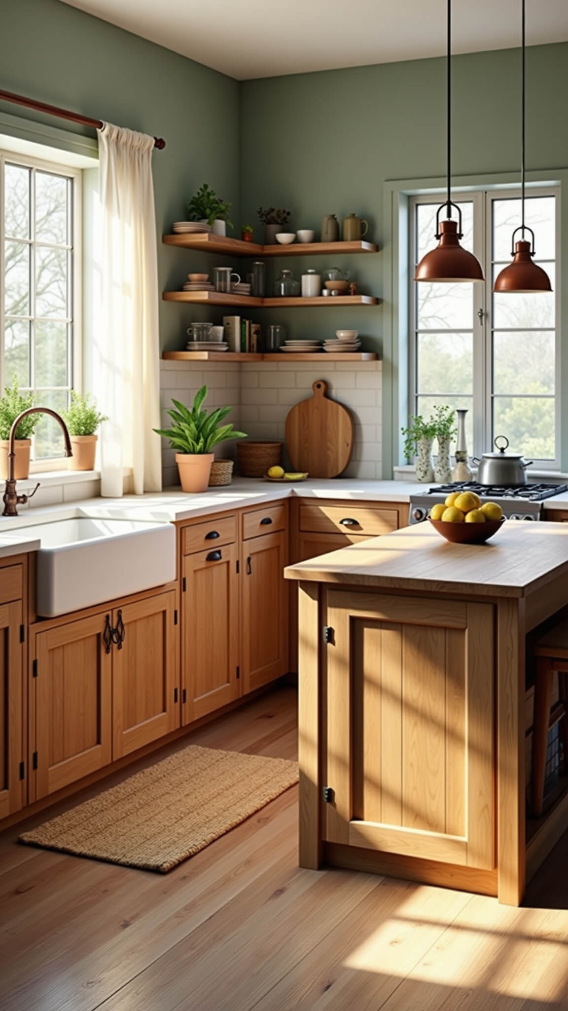 Farmhouse-style kitchen with golden oak cabinets, sage green walls, copper pendant lights, and a central butcher block island, bathed in morning light.