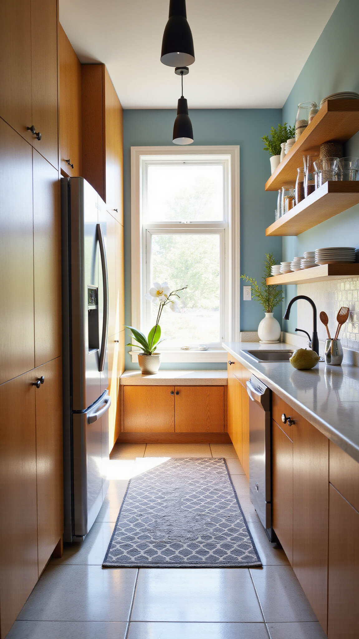 Galley kitchen with golden oak cabinets, soft blue walls, stainless steel fridge, black pendant lights, open shelves, orchid, copper utensils, and geometric floor runner.