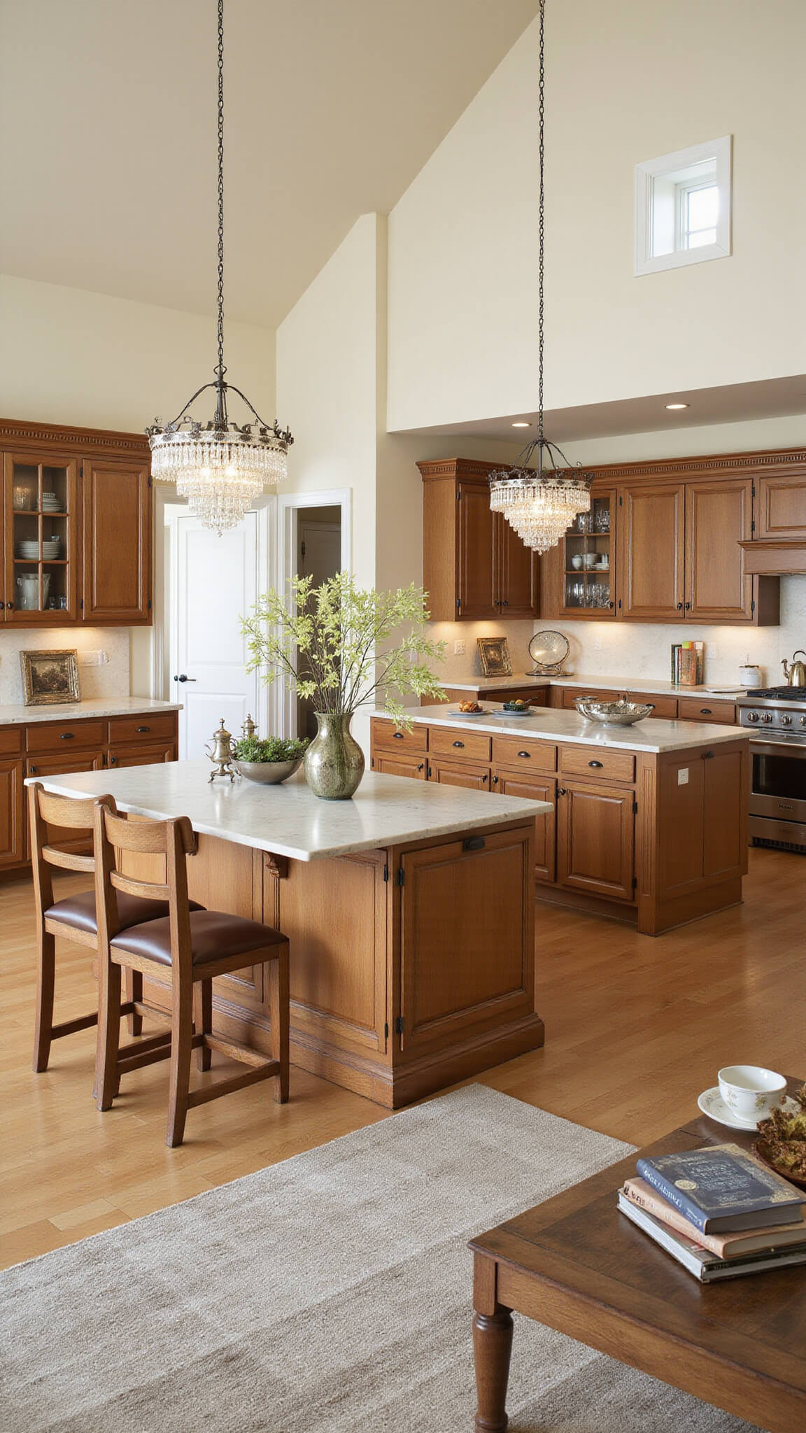 Bird's eye view of a spacious, elegant kitchen-dining area with golden oak cabinets, marble island, leather barstools, crystal chandeliers, and traditional decor accents.