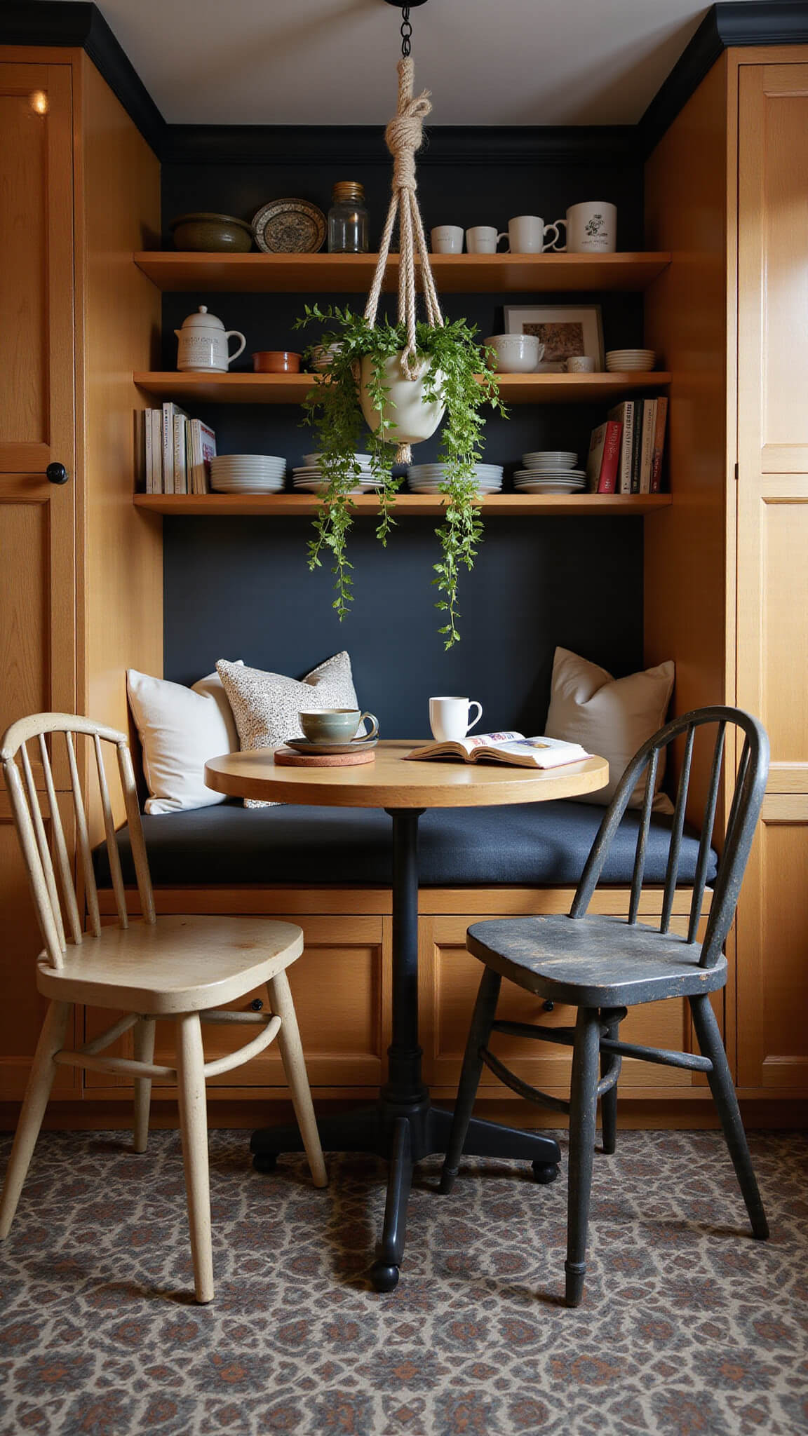 Cozy 8x10ft kitchen nook at dusk with string lights, built-in bench between golden oak cabinets, charcoal walls, round table with vintage chairs, open shelves with eclectic dishes, macramé plant hanger, geometric tile floor, and bohemian décor.