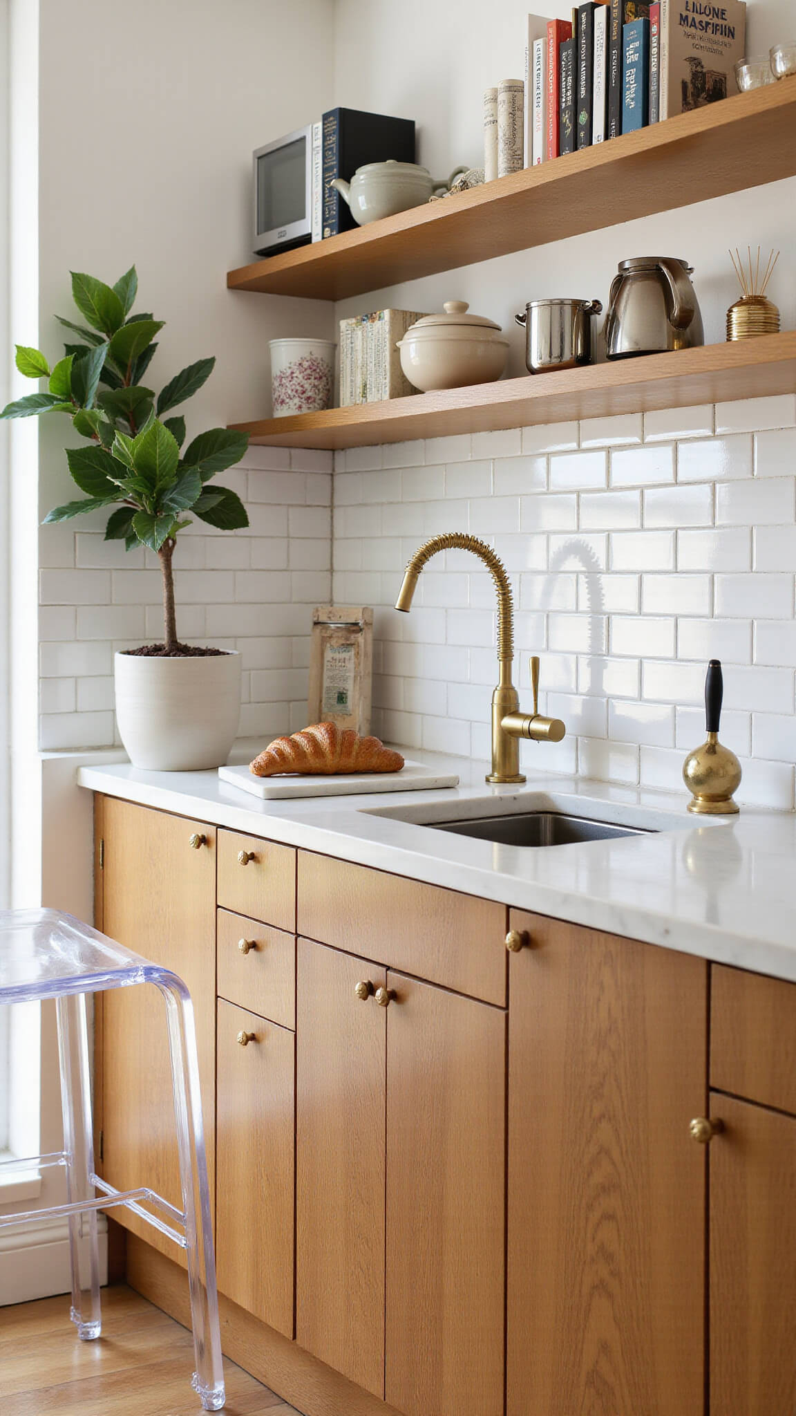 Bright kitchen corner with golden oak cabinets, brass fixtures, white subway tiles, floating quartz breakfast bar, acrylic stools, open shelving, fiddle leaf fig, and styled with croissants and pour-over coffee setup.
