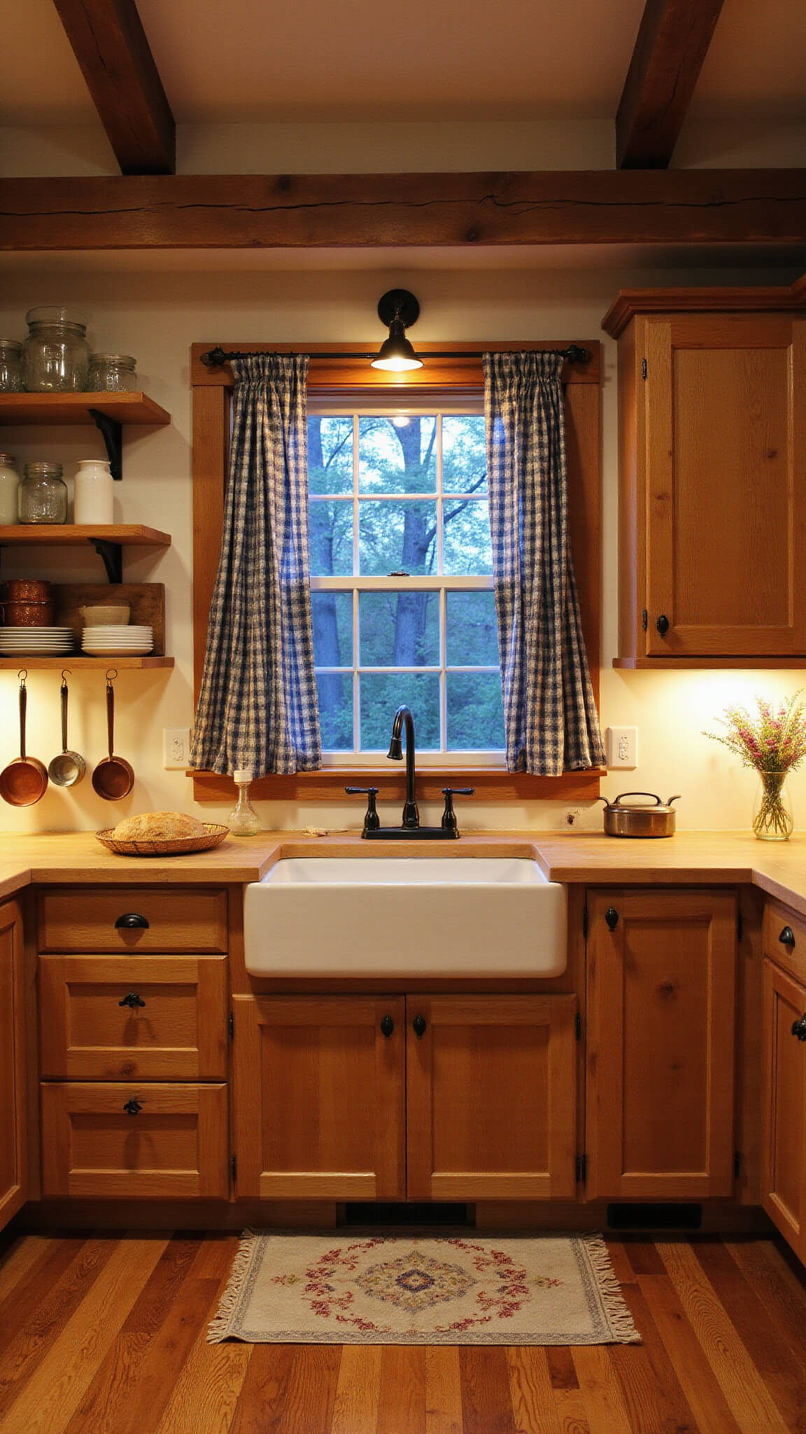 Rustic 10x14ft farmhouse kitchen with oak cabinets, butcher block countertops, exposed beams, vintage decor, and warm under-cabinet lighting at twilight.