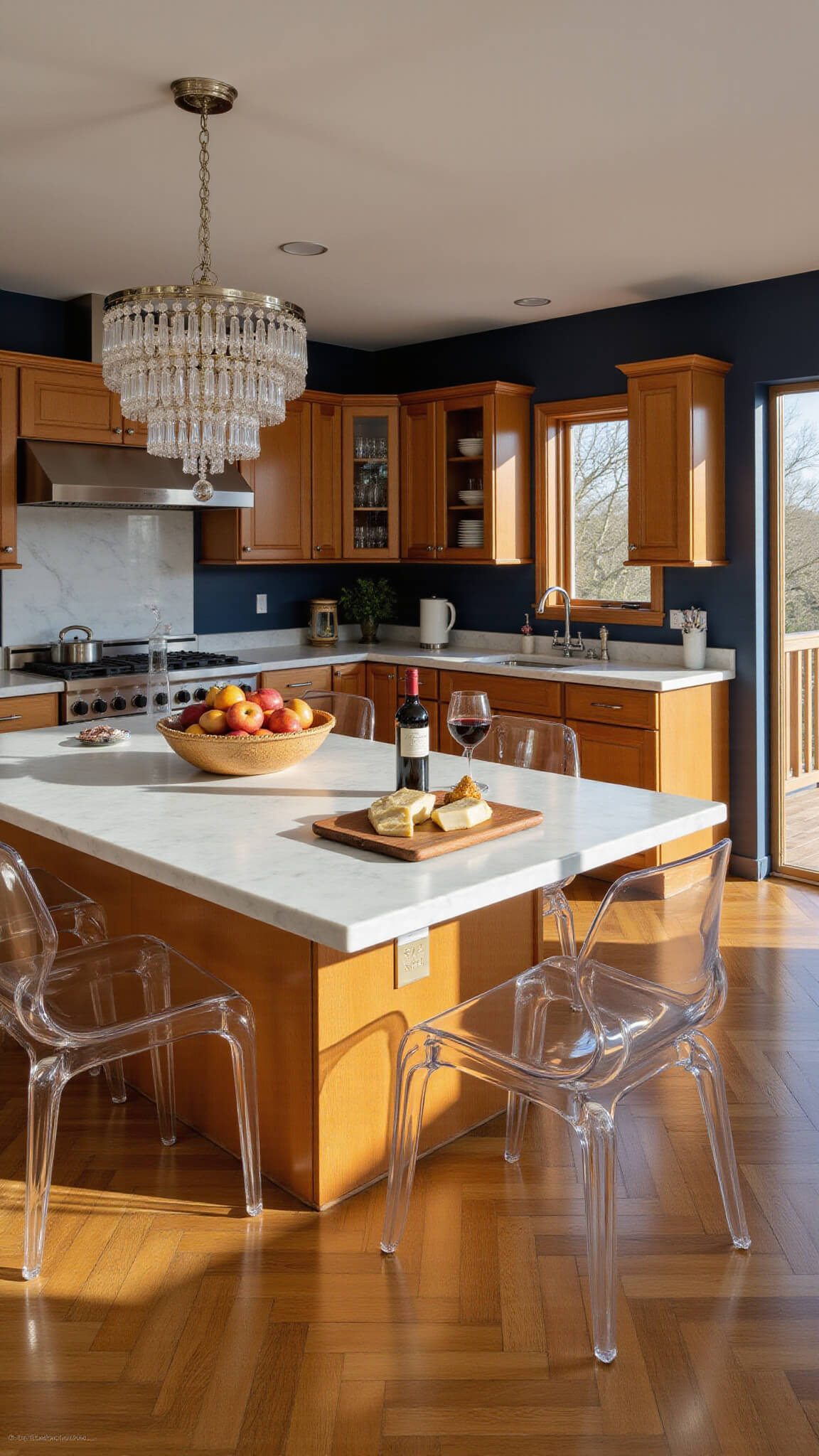 Elegant kitchen-dining space with golden oak cabinetry, navy walls, marble island, crystal chandelier, and herringbone wood floors in golden hour light.