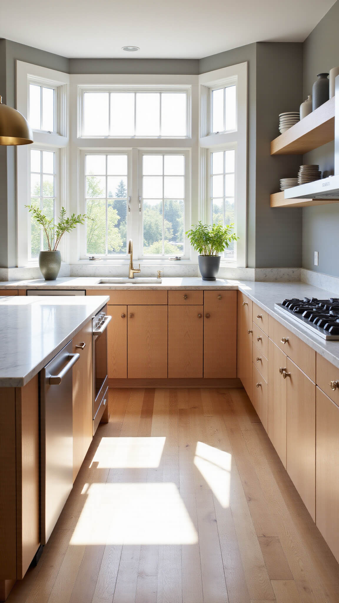 Spacious modern kitchen with light oak cabinets, marble island, stainless steel appliances, bay windows, and minimalist decor in soft morning light.