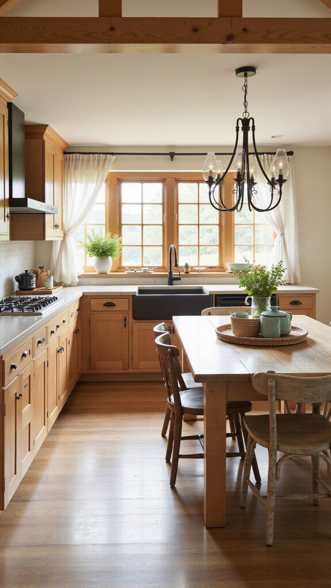 Cozy L-shaped kitchen-dining area with vaulted ceilings, exposed light oak beams, farmhouse sink, light oak cabinets, and a rustic dining table bathed in warm late afternoon sunlight.